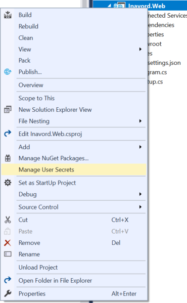 Visual Studio 2017 Manage User Secrets